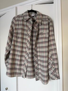 CAbi Plaid Button-Down Shirt in Beige, Pink and Black